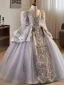 Médiévale Gris Perlage Perle Paillettes En Dentelle Fleur Volants en Cascade Anniversaire Robe Ceremonie Fille 2024 Robe Boule Col Haut Manches Longues Dos Nu Longue