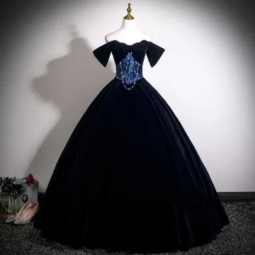 Vintage Originale Bleu Marine Velours Robe De Bal 2025 Robe Boule De L Épaule Manches Courtes Dos Nu Longue Promo Robe De Ceremonie