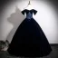 Vintage / Retro Navy Blue Velvet Prom Dresses 2025 Ball Gown Off-The-Shoulder Short Sleeve Backless Floor-Length / Long Prom Formal Dresses