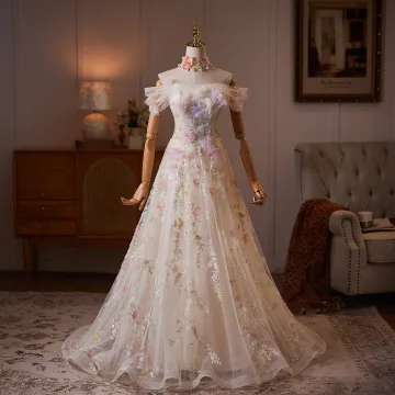 Blomma Fe Champagne Beading Appliqués Balklänningar 2026 Balklänning Av Axeln Korta Ärm Halterneck Långa Formella Klänningar
