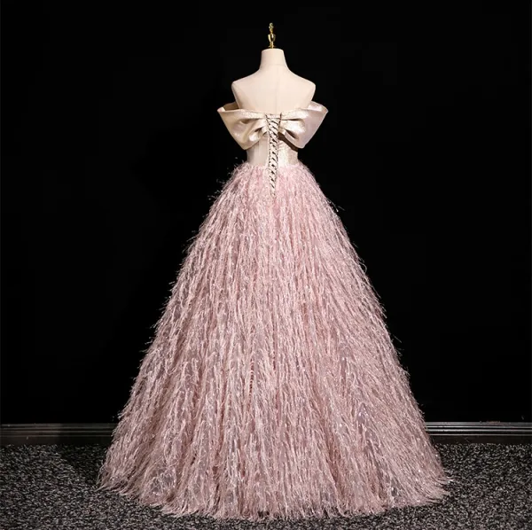 Fashion Blushing Pink Glitter Tassel Prom Dresses 2025 Ball Gown Off-The-Shoulder Short Sleeve Backless Floor-Length / Long Prom Formal Dresses