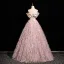 Fashion Blushing Pink Glitter Tassel Prom Dresses 2025 Ball Gown Off-The-Shoulder Short Sleeve Backless Floor-Length / Long Prom Formal Dresses