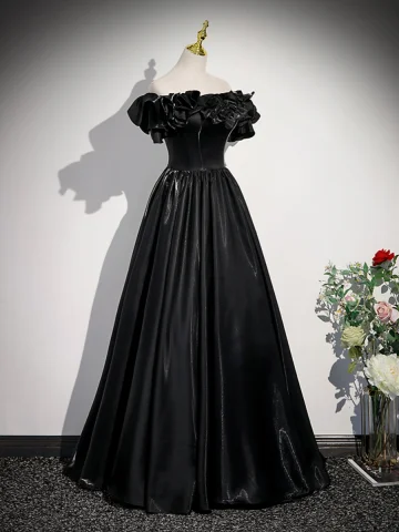 Élégant Noire Robe De Bal 2023 Princesse Volants De L Épaule Manches Courtes Dos Nu Longue Promo Robe De Ceremonie