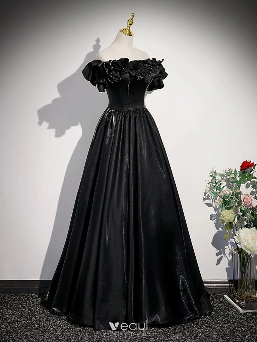 Elegant Black Prom Dresses 2023 A-Line / Princess Ruffle Off-The-Shoulder  Short Sleeve Backless Floor-Length / Long Prom Formal Dresses