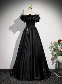 Elegantes Negro Vestidos de gala 2023 A-Line / Princess Ruffle Fuera Del Hombro Manga Corta Sin Espalda Largos Gala Vestidos Formales