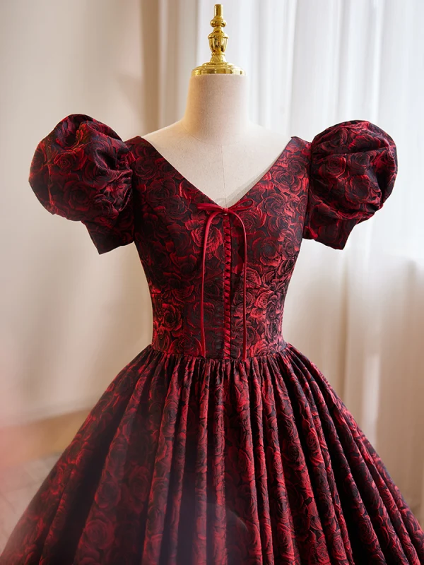 Vintage / Retro Burgundy Printing Prom Dresses 2023 Ball Gown V-Neck Puffy Short Sleeve Backless Floor-Length / Long Prom Formal Dresses