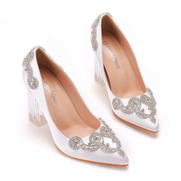 Mode Vita Rhinestone Brudskor 2022 9 cm Kristall Tjocka Klackar Spetsiga Bröllop Pumps Högklackade
