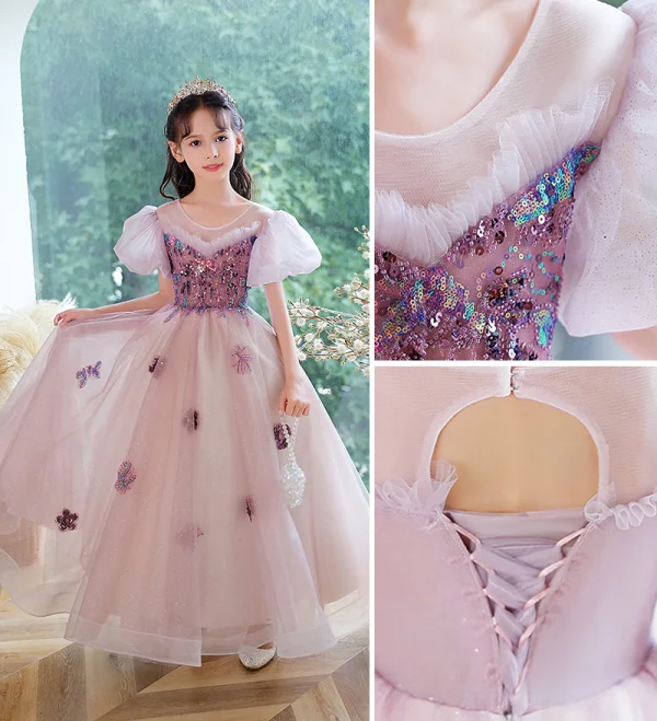 Chic / Beautiful Purple Birthday Flower Girl Dresses 2023 A-Line / Princess Scoop Neck Beading Sequins Puffy Short Sleeve Backless Floor-Length / Long Flower Girl Dresses