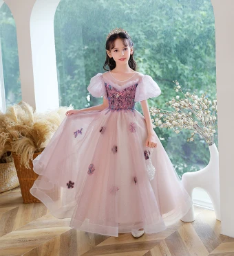 Chic Belle Violet Anniversaire Robe Ceremonie Fille 2023 Princesse Encolure Dégagée Perlage Paillettes Gonflée Manches Courtes Dos Nu Longue Robe Ceremonie Fille