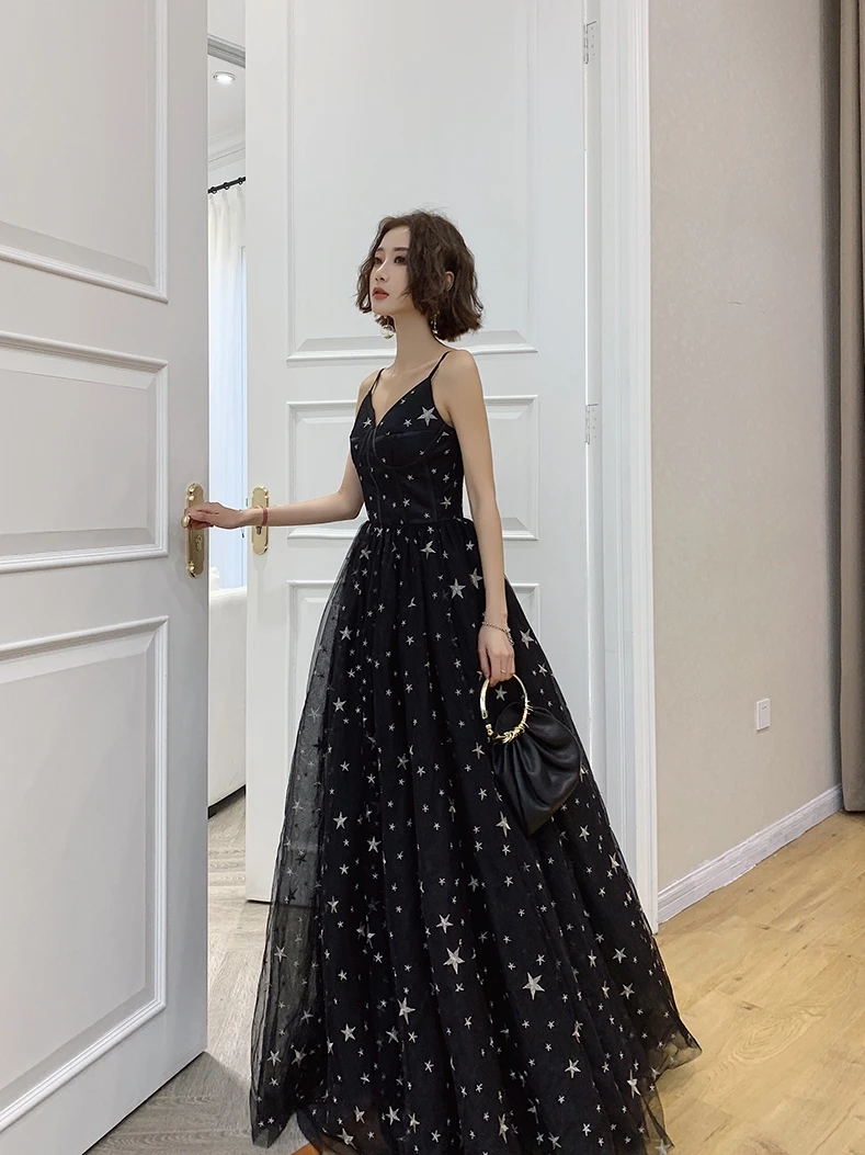 Chic Beautiful Black Star Prom Dresses 2022 A-Line Princess Spaghetti Straps Sleeveless