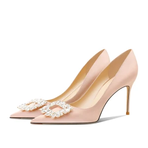 Charmant Champagne Faux Diamant Chaussure De Mariée 2024 Cuir 8 Cm Talons Aiguilles À Bout Pointu Mariage Escarpins Talons Hauts
