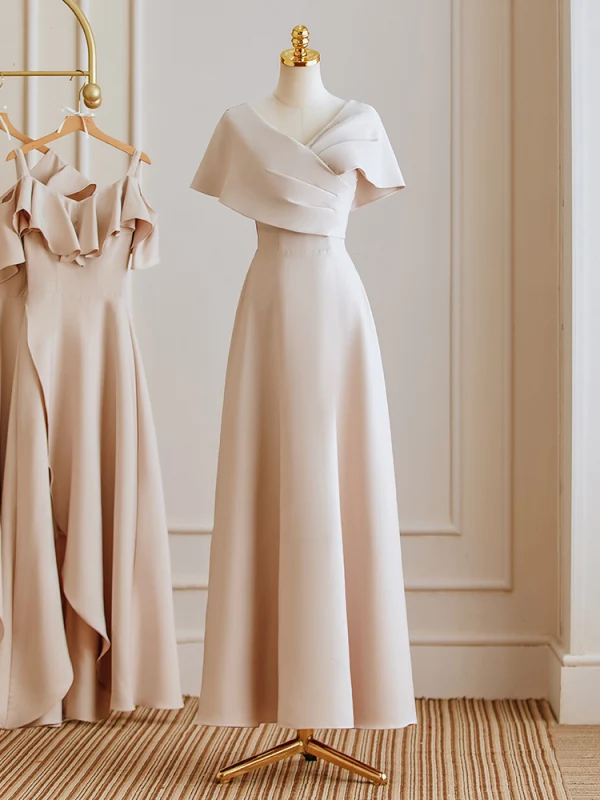 Modest Simple Khaki Bridesmaid Dresses 2023 A-Line Princess V-Neck Short Sleeve Backless