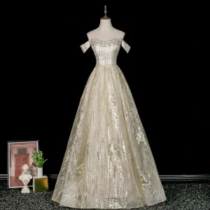 Scintillantes Doré Paillettes Faux Diamant Robe De Bal 2026 Princesse De L Épaule Sans Manches Dos Nu