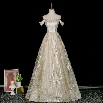 Glitzernden Gold Pailletten Strass Ballkleider 2026 A Linie Off Shoulder Ärmellos Rückenfreies