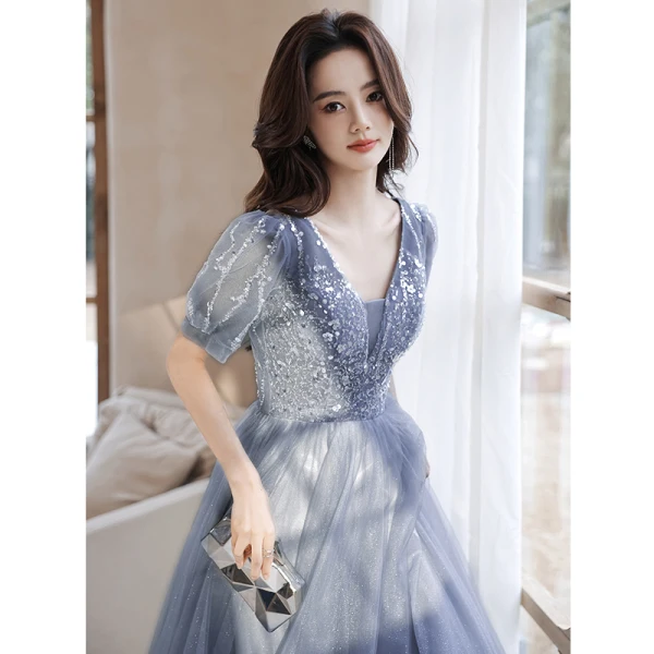 Elegant Sky Blue Beading Sequins Prom Dresses 2022 A-Line / Princess V-Neck Short Sleeve Backless Floor-Length / Long Prom Formal Dresses