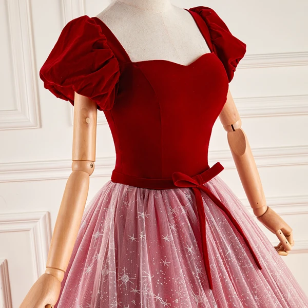 Schöne Rot Ballkleider 2023 Off Shoulder Ballkleid Kurze Ärmel Rückenfreies Schleife Stoffgürtel Lange Ball Festliche Kleider