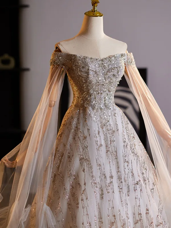 Luxury / Gorgeous Gold Beading Sequins Prom Dresses Ball Gown 2024 Off-The-Shoulder Long Sleeve Backless Floor-Length / Long Prom Formal Dresses