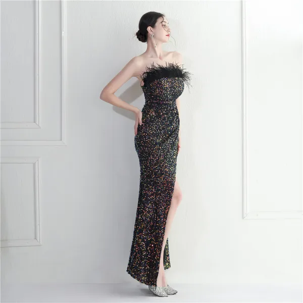 Scintillantes Rougissant Rose Paillettes Fendue devant Robe De Soirée 2024 Trompette / Sirène Bustier Gland Sans Manches Dos Nu Longue Soirée Robe De Ceremonie