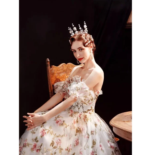 Flower Fairy White Floral Prom Dresses 2023 A-Line / Princess Off-The-Shoulder Short Sleeve Backless Floor-Length / Long Prom Formal Dresses