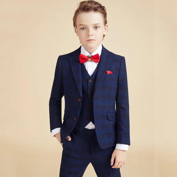 Fashion Navy Blue Plaid Long Sleeve Boys Wedding Suits 2023 6-piece Coat Pants Shirt Tie Vest Wedding