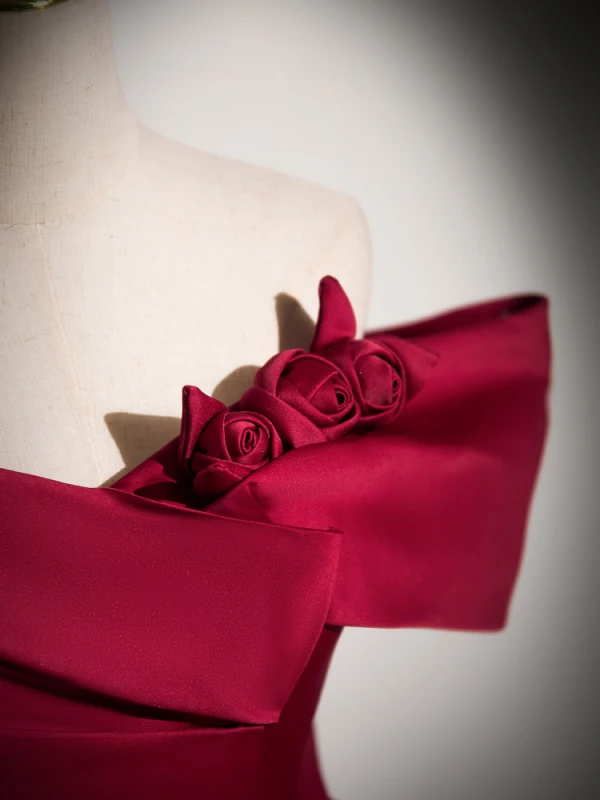Vintage / Retro Burgundy Satin Prom Dresses 2024 Ball Gown Off-The-Shoulder Sleeveless Backless Floor-Length / Long Prom Formal Dresses
