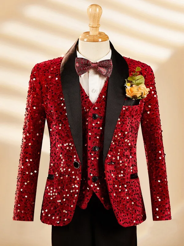 Fall Winter Red Long Sleeve Sequins 6-piece Boys Wedding Suits 2025 Body Jewellery Coat Pants Shirt Tie Vest