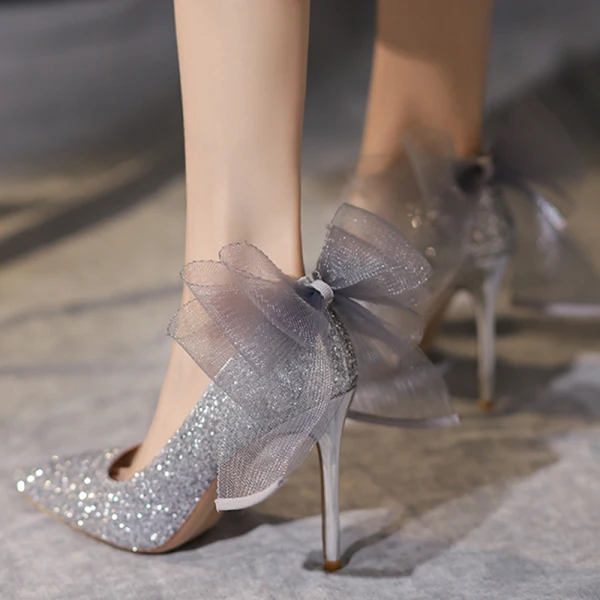 Glittrande Silver Paljetter Rosett Brudskor 2022 10 cm Stilettklackar Spetsiga Bröllop Pumps Högklackade