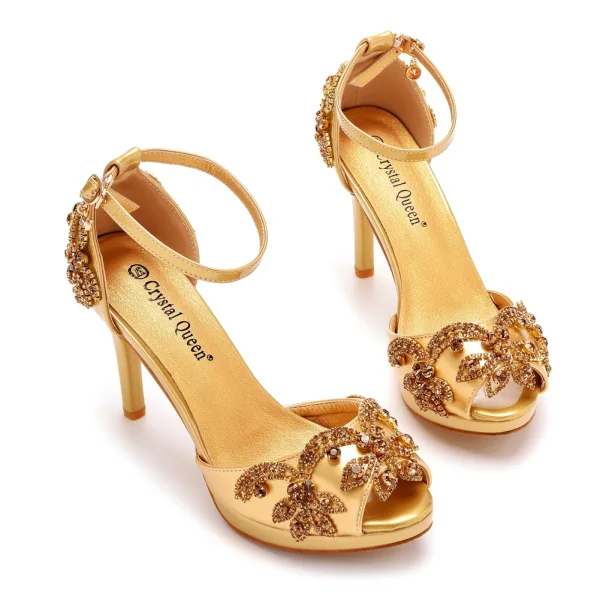 Piękne Białe Rhinestone Buty Ślubne 2023 Z Paskiem 10 cm Szpilki Peep Toe Ślub Sandały Wysokie Obcasy