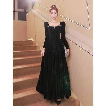 Élégant Noire Daim Robe De Soirée 2023 Princesse Encolure Carrée Faux Diamant Manches Longues Dos Nu Noeud Longue Soirée Robe De Ceremonie