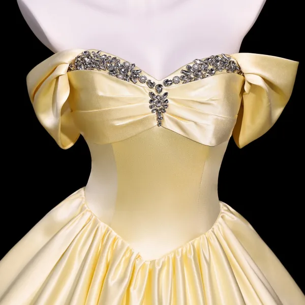 Vintage / Retro Yellow Rhinestone Prom Dresses 2026 Ball Gown Off-The-Shoulder Short Sleeve Backless Floor-Length / Long Formal Dresses