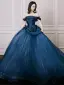 Elegant Ocean Blue Ball Gown Prom Dresses 2026 Off-The-Shoulder Sleeveless Backless Sweep Train Formal Dresses
