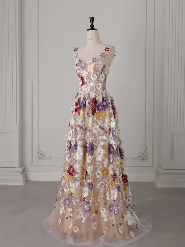 Flower Fairy Multi-Colors Lace Flower Appliques Prom Dresses 2025 A-Line / Princess Spaghetti Straps Sleeveless Backless Floor-Length / Long Formal Dresses
