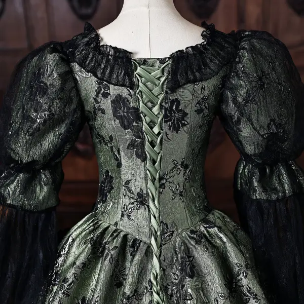 Medieval Vintage / Retro Dark Green Beading Appliques Printing Prom Dresses 2026 Ball Gown Square Neckline Bell sleeves Floor-Length / Long Formal Dresses