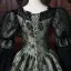 Medieval Vintage / Retro Dark Green Beading Appliques Printing Prom Dresses 2026 Ball Gown Square Neckline Bell sleeves Floor-Length / Long Formal Dresses