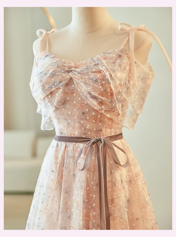 Chic / Belle Rougissant Rose Robe Demoiselle D'honneur 2023 Princesse Encolure Carrée Manches Courtes Dos Nu Noeud Ceinture Longue Robe Demoiselle D'honneur