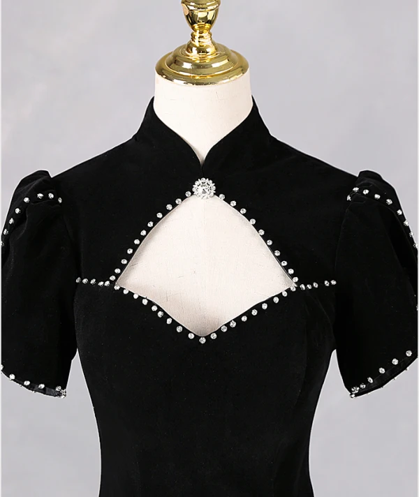 Elegant Black Rhinestone Prom Dresses 2024 A-Line / Princess High Neck Short Sleeve Backless Floor-Length / Long Prom Formal Dresses