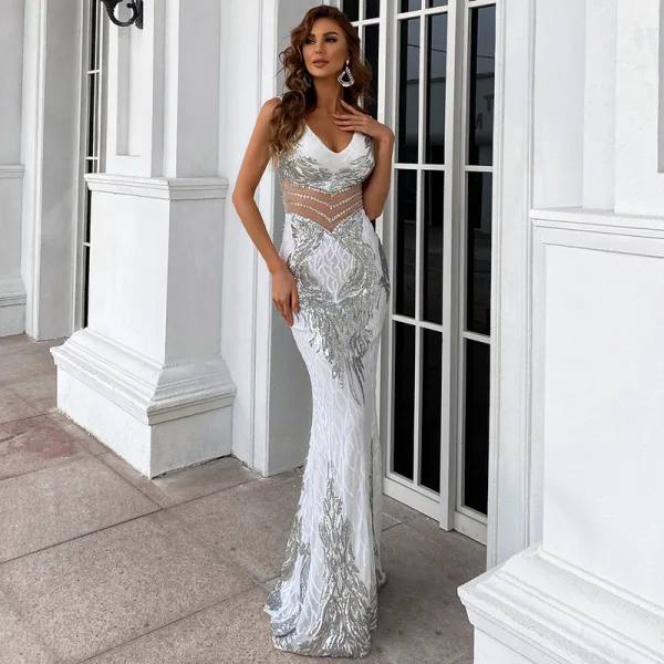 Charmant Noire Faux Diamant Paillettes Transparentes Robe De Soirée 2022 Trompette / Sirène V-Cou Sans Manches Dos Nu Longue Soirée Robe De Ceremonie