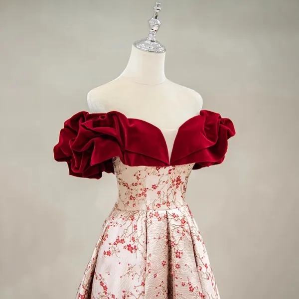 Elegant Burgundy Printing Prom Dresses 2023 A-Line / Princess Off-The-Shoulder Ruffle Short Sleeve Backless Floor-Length / Long Prom Formal Dresses