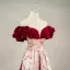 Elegant Burgundy Printing Prom Dresses 2023 A-Line / Princess Off-The-Shoulder Ruffle Short Sleeve Backless Floor-Length / Long Prom Formal Dresses