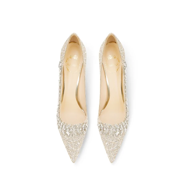 Charmig Glittrande Guld Rhinestone Paljetter Läder Brudskor 2024 8 cm Stilettklackar Spetsiga Bröllop Pumps Högklackade