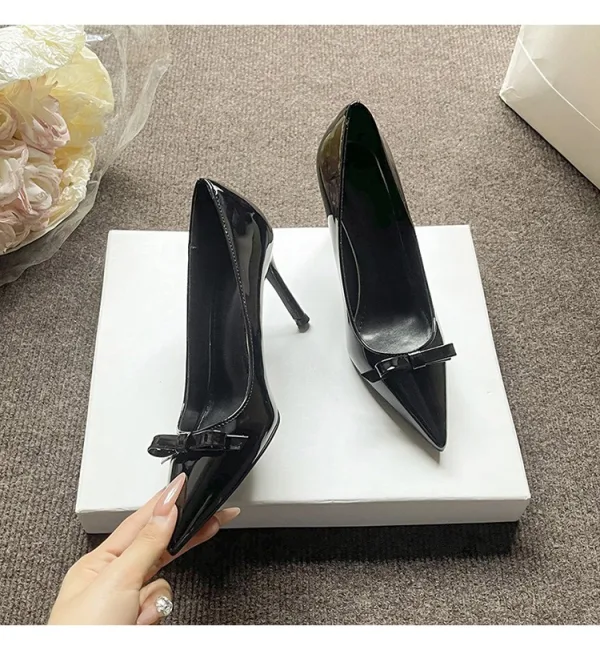 Fashion Black Office OL Bow Pumps 2026 10 cm Stiletto Heels Pointed Toe Pumps