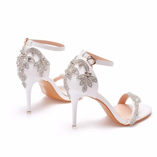 Sexy Weiß Strass Brautschuhe 2023 Knöchelriemen 9 cm Stilettos Peeptoes Hochzeit Sandaletten Hochhackige