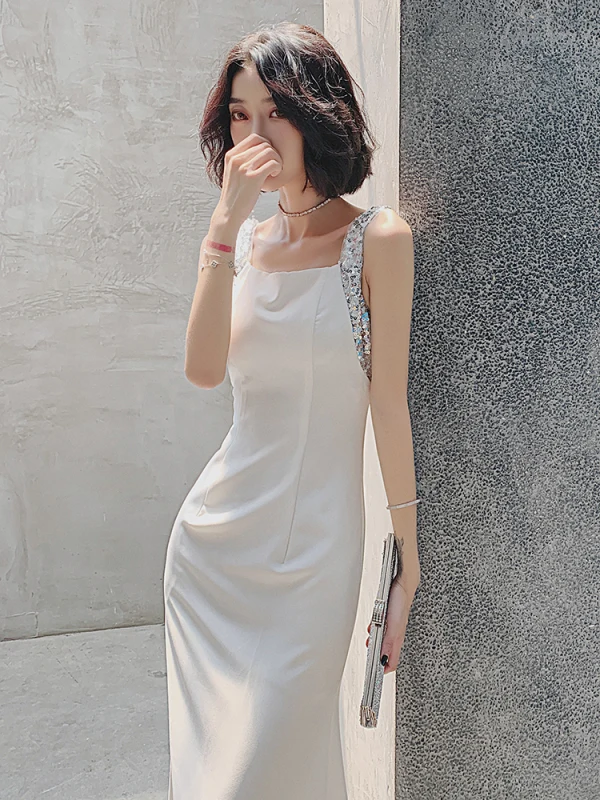 Charming Ivory Sequins Evening Dresses 2022 Trumpet / Mermaid Square Neckline Sleeveless Backless Floor-Length / Long Evening Party Formal Dresses