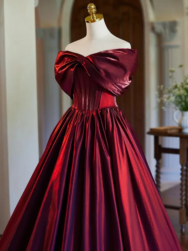 Elegant Burgundy Satin Prom Dresses 2024 Ball Gown Off-The-Shoulder Bow Sleeveless Backless Floor-Length / Long Prom Formal Dresses