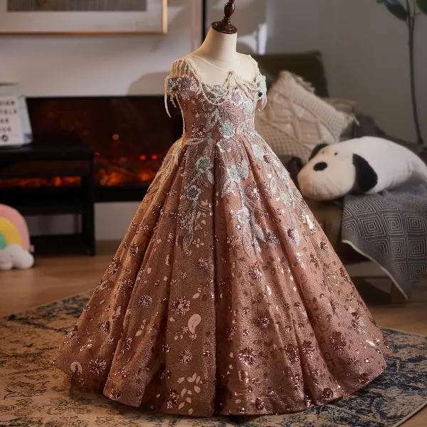 Charming Tan Beading Pearl Sequins Birthday Flower Girl Dresses 2025 Ball Gown Scoop Neck Sleeveless Floor-Length / Long