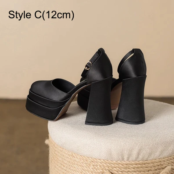 Fashion Beige Leather Prom Womens Sandals 2023 Ankle Strap 12 cm Thick Heels Square Toe Sandals