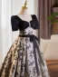 Élégant Noire Faux Diamant Impression Robe De Bal 2025 Robe Boule Encolure Carrée Manches Courtes Dos Nu Noeud Ceinture Longue Promo Robe De Ceremonie