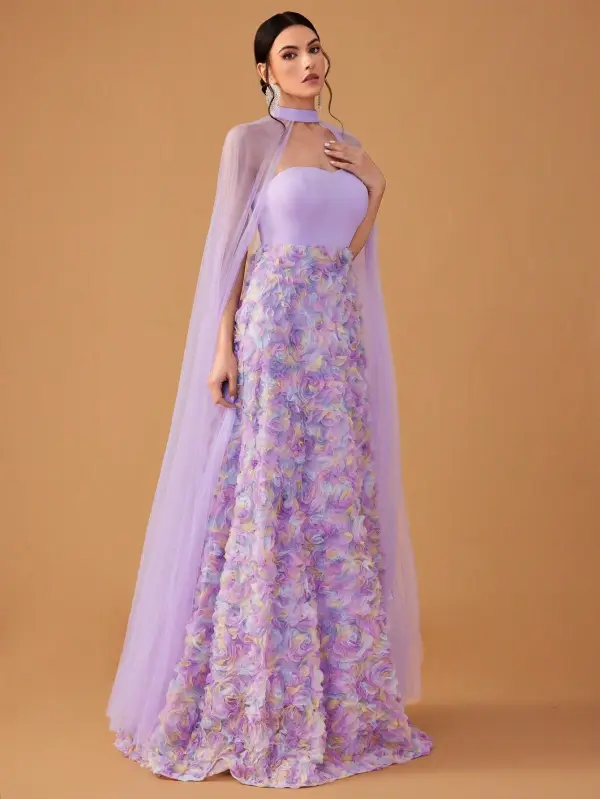 Lovely Lavender Multi-Colors Appliques Prom Dresses With Cloak 2025 A-Line / Princess Strapless Sleeveless Backless Floor-Length / Long Prom Formal Dresses