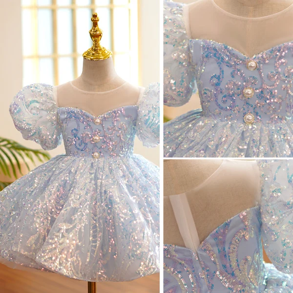 Sparkly Sky Blue Laser Sequins Birthday Short Sleeve Flower Girl Dresses 2022 Ball Gown Scoop Neck Puffy Short Flower Girl Dresses