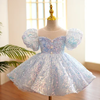 Scintillantes Bleu Ciel Laser Paillettes Anniversaire Manches Courtes Robe Ceremonie Fille 2022 Robe Boule Encolure Dégagée Gonflée Courte Robe Ceremonie Fille